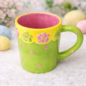 Perfect for Easter Floral Green and Yellow Mug, approx 10oz, EUC